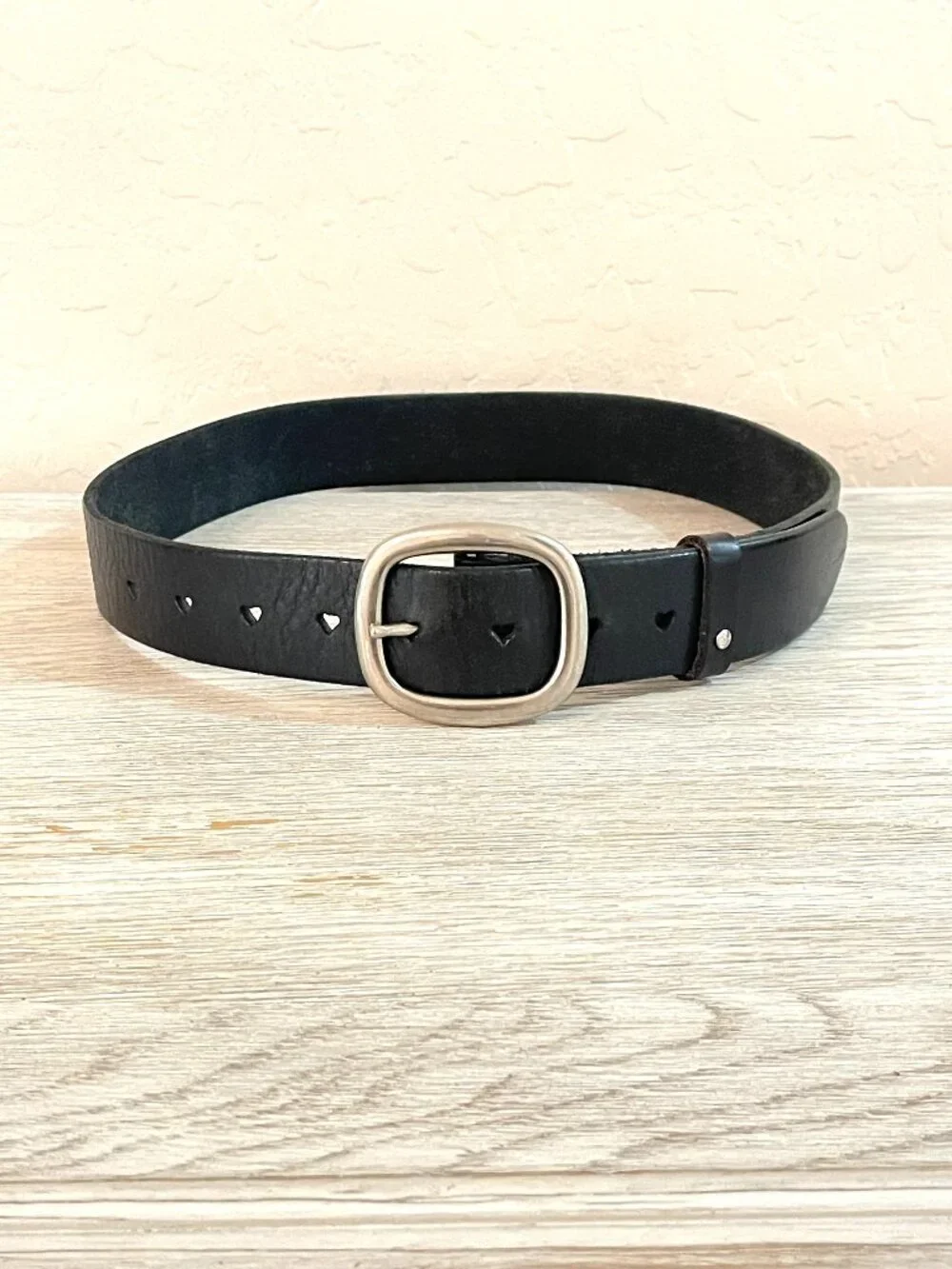 American Eagle Belt Black Leather Hearts Silver Buckle Small